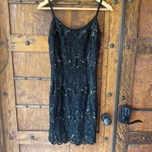 Vintage Badge Black‎ Beaded Sequin Lace Cocktail Wedding Dress Women Sz 7 Sheath